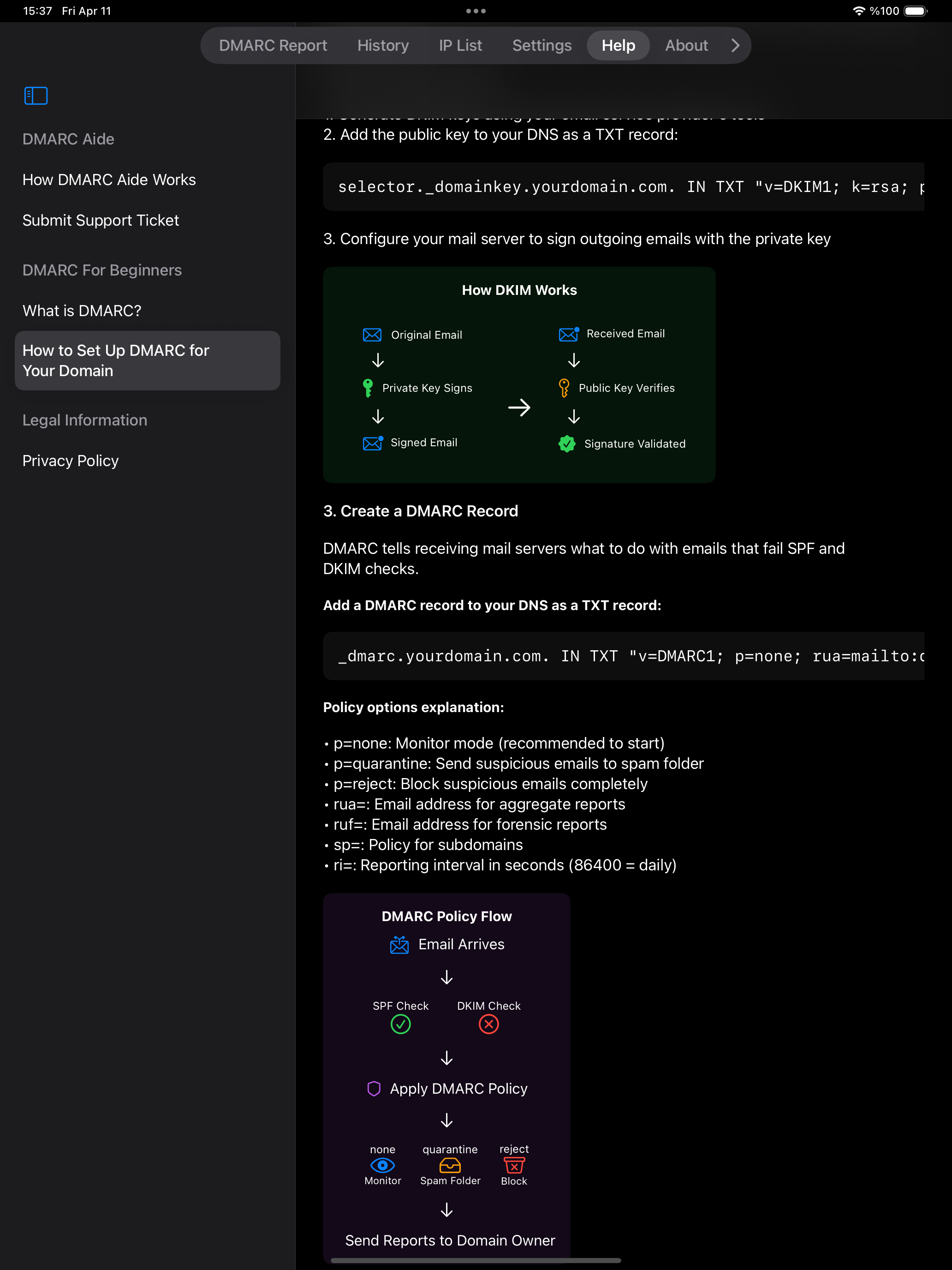 DMARC Aide on iPad in portrait: split-view help browser with sidebar navigation, DKIM diagram, and DNS record examples