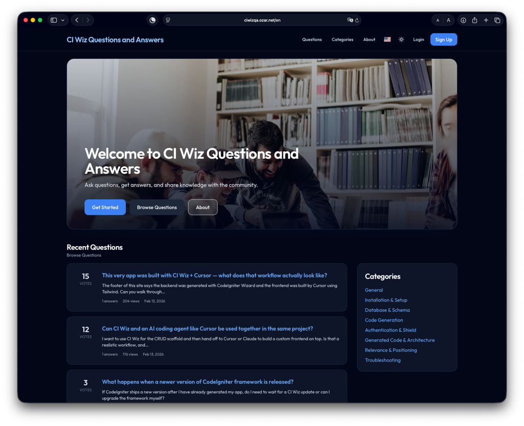 Demo Q & A Web App created with CodeIgniter Wizard