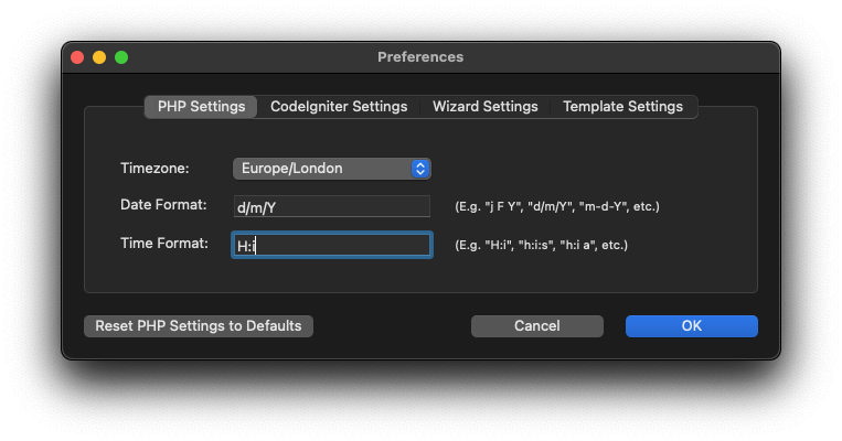CodeIgniter 2.0 Preferences 1 dark
