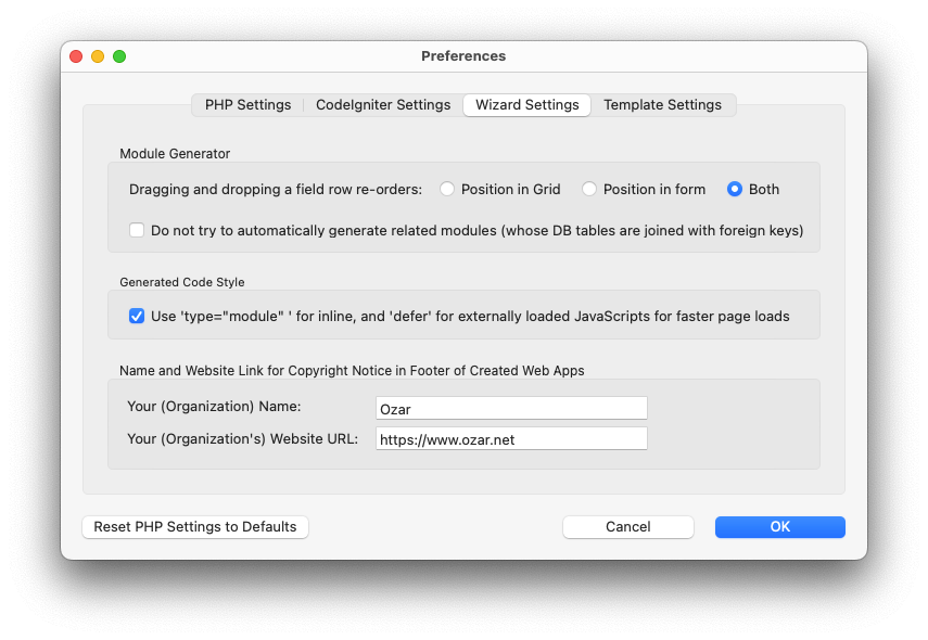 CodeIgniter Wizard 2.0 Preferences 3