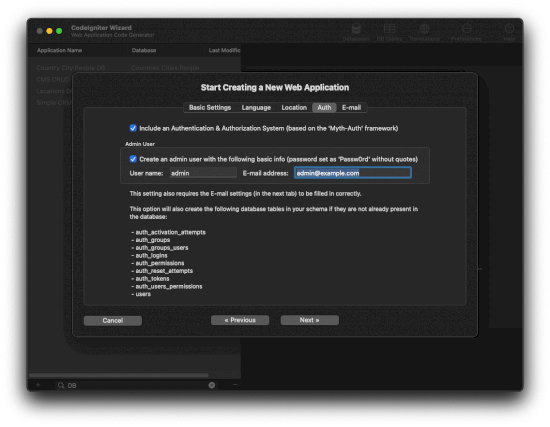 Auth options when creating a new web app in CodeIgniter Wizard