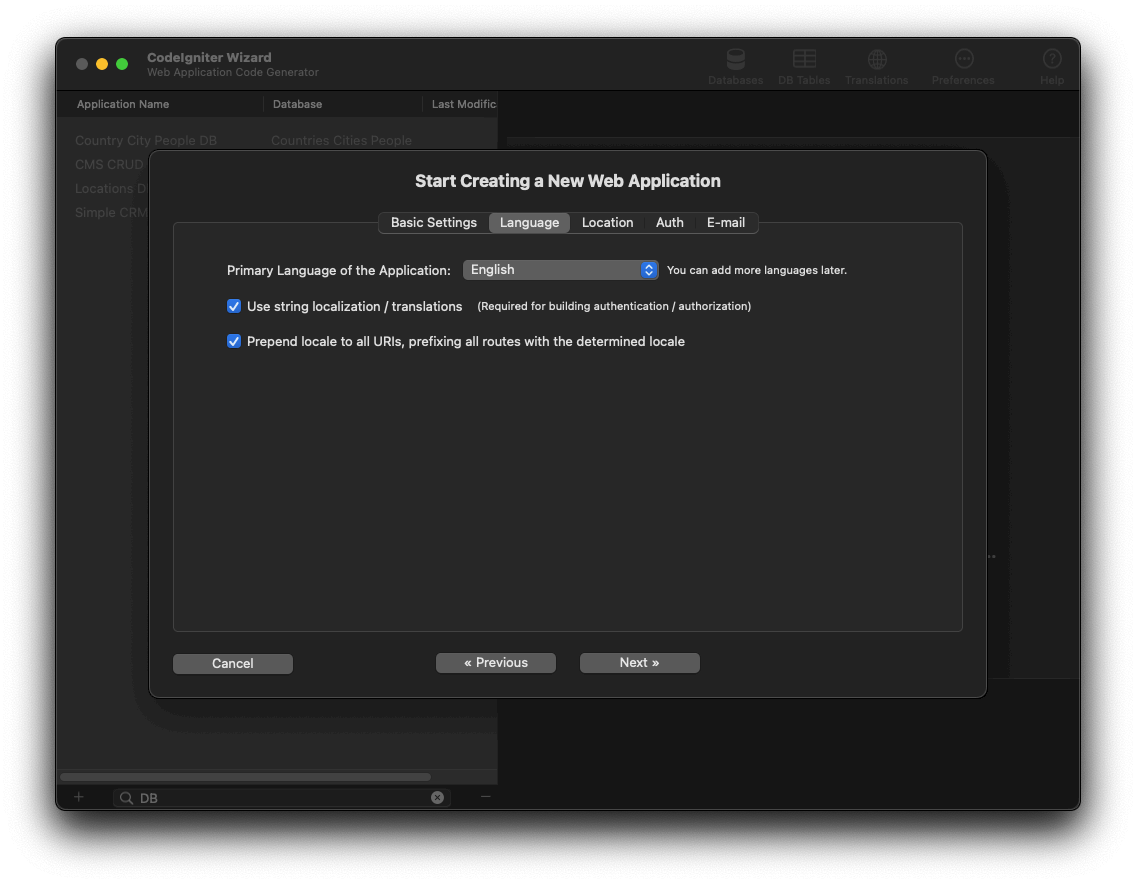 Language Settings when starting to create a new web application