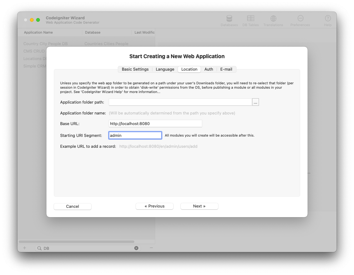 Location Settings when starting to create a new web application